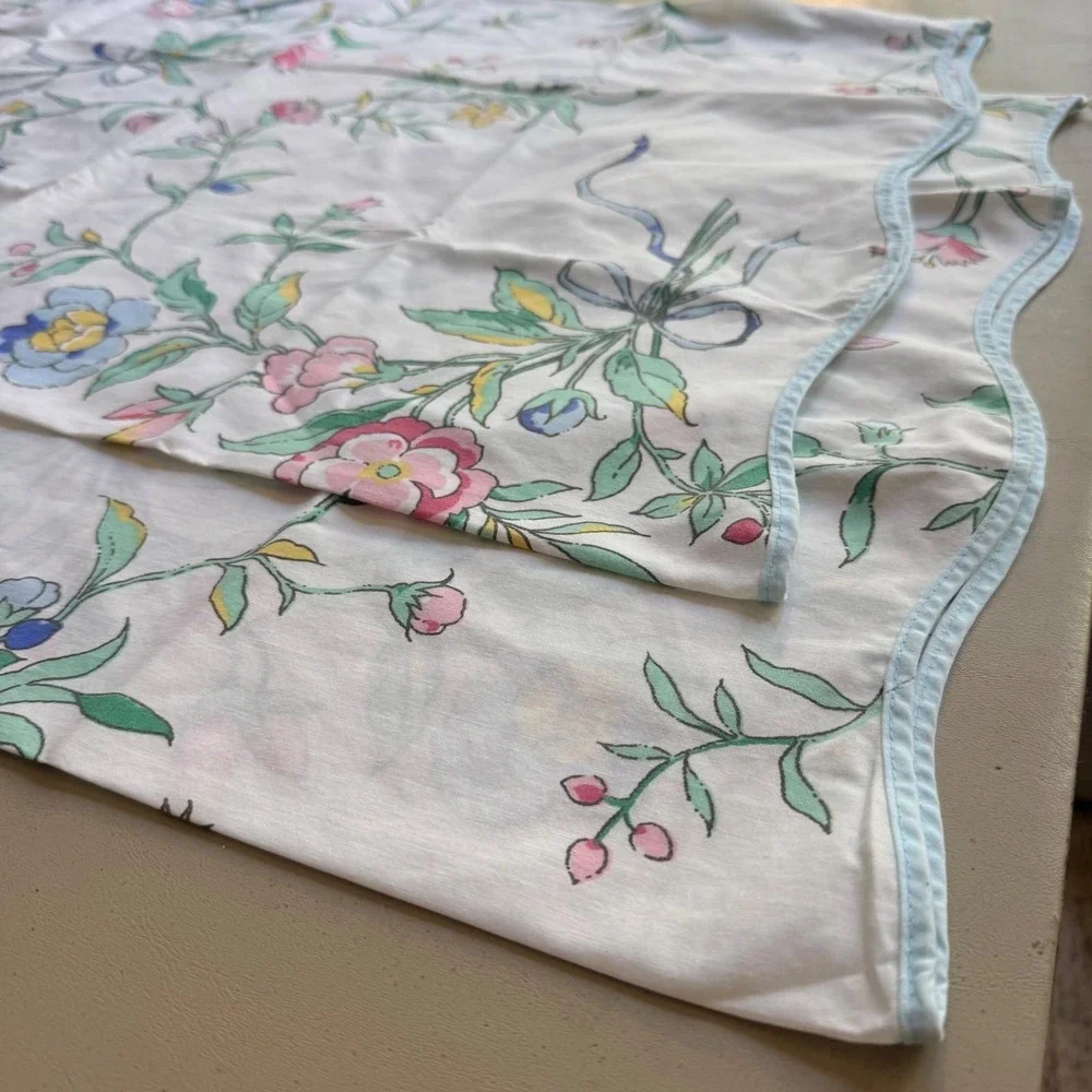 Vintage Floral Pillowcase Pair Standard White Pink Blue Scalloped Cottagecore